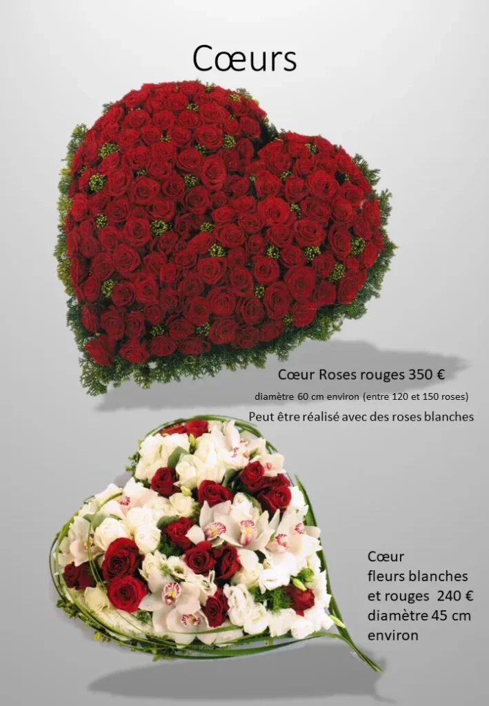 Cœurs de fleurs de deuil garnis de roses rouges et fleurs blanches