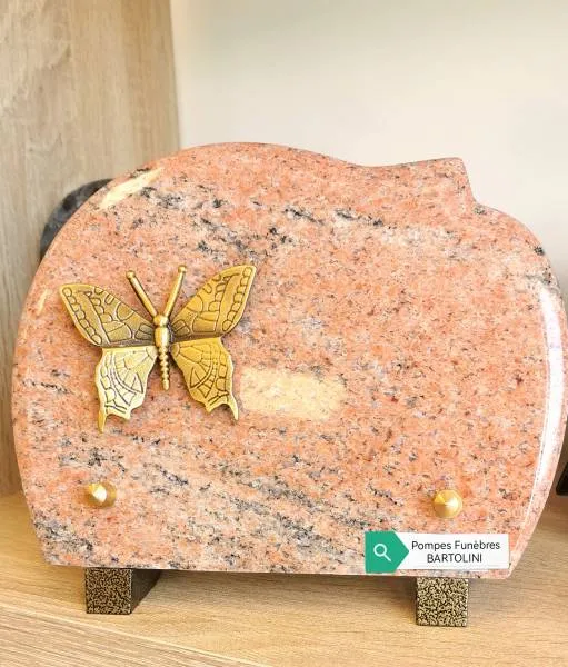 Panel 1 (Gauche) : Plaque funéraire en granit rose avec papillon en bronze doré