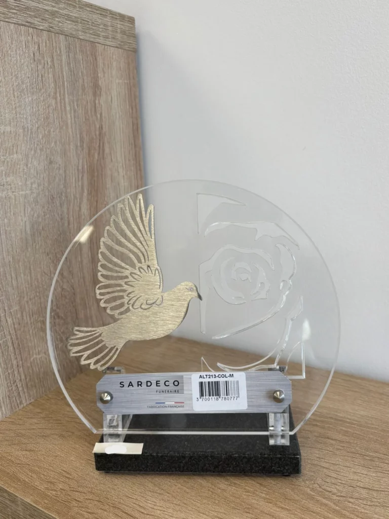 Plaque funéraire ronde translucide motif colombe et rose en inox