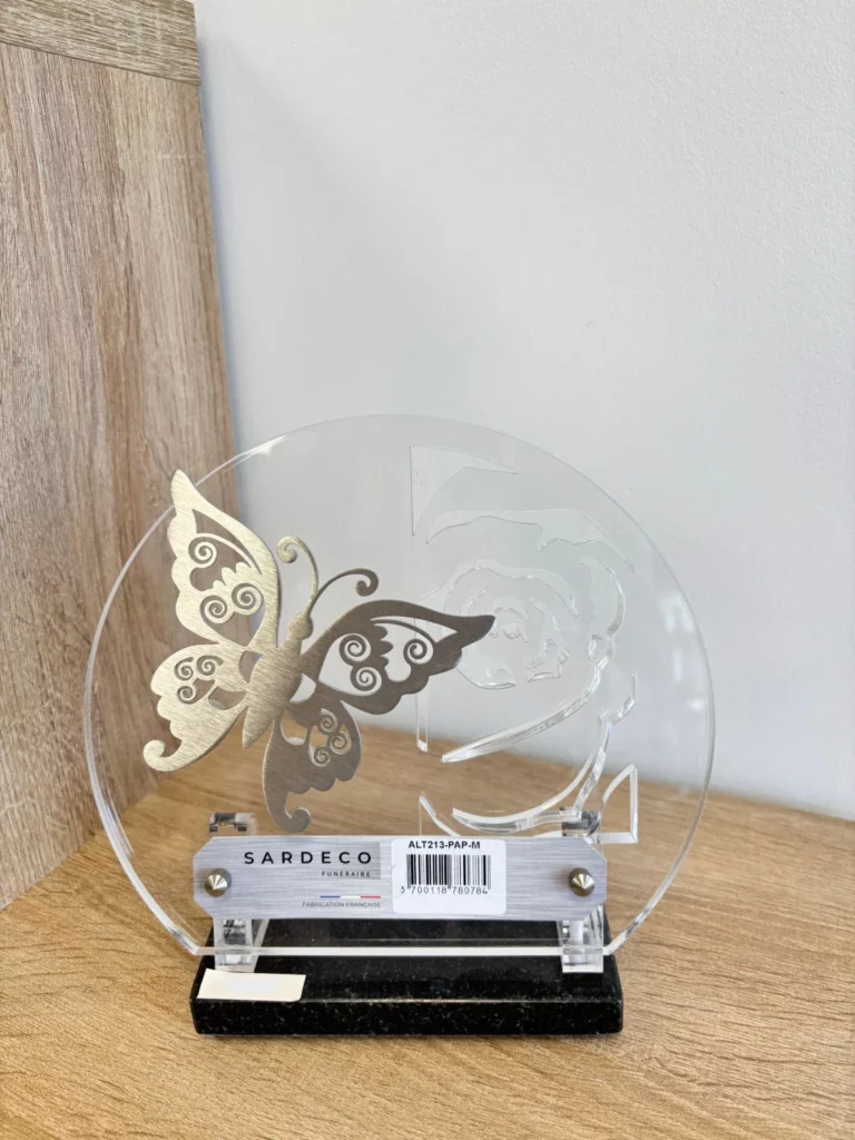 Plaque funéraire ronde en plexiglas avec gravure papillon élégant en inox