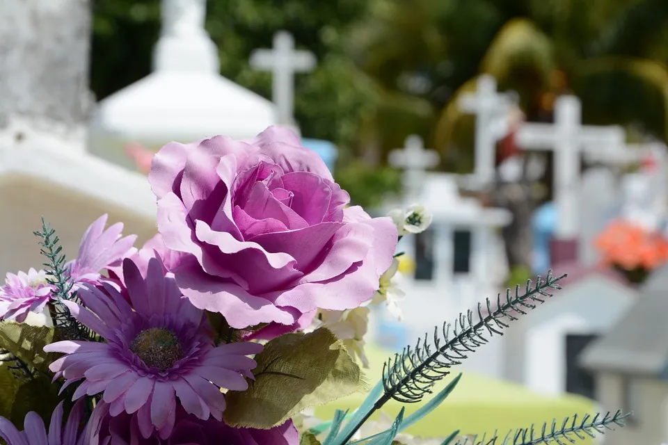 Gros plan sur un bouquet de fleurs violettes avec tombes et croix blanches en arrière-plan
