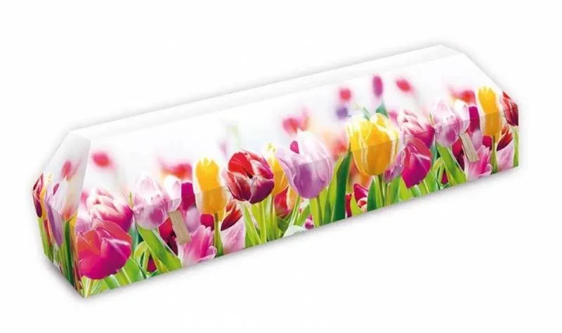 Cercueil personnalisé illustré d'un champ de tulipes colorées