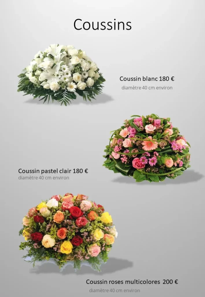 Coussins de fleurs rondes pour obsèques en tons blancs, pastels et multicolores