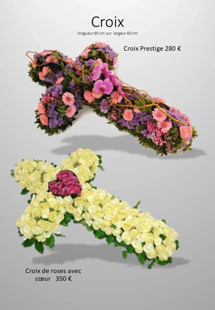 Croix funéraires fleuries en roses et compositions multicolores