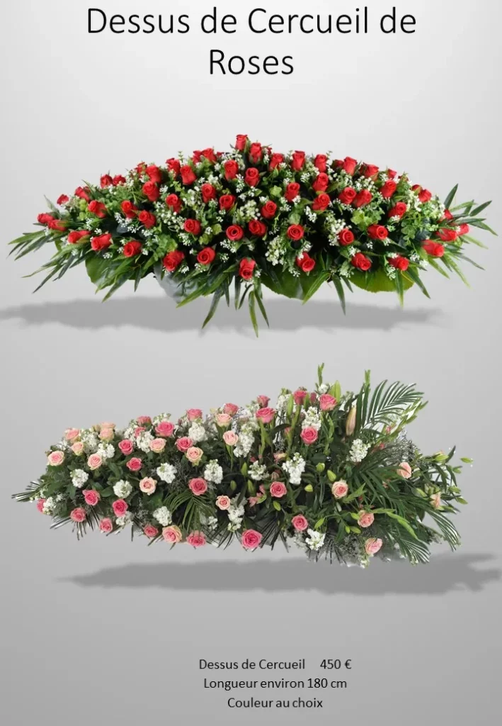 Dessus de cercueil garnis de roses rouges et fleurs roses pastel