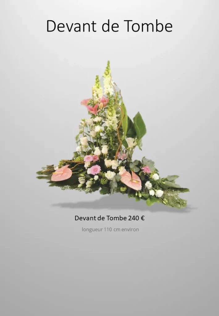 Composition florale de devant de tombe pyramidale avec fleurs de deuil