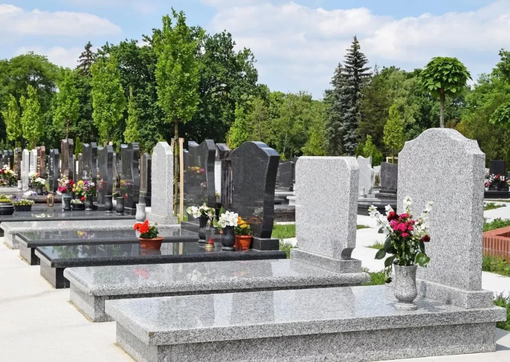 Alignement de monuments et pierres tombales en granit dans un cimetière