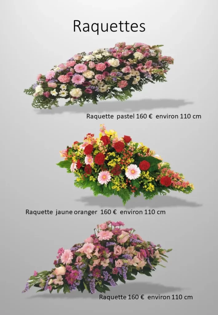 Raquettes de fleurs allongées pour obsèques en tons pastels, jaunes et roses
